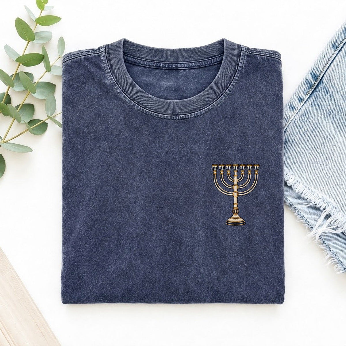 Seven Branch Menorah Symbol Emblems Left Chest Vintage T-shirt – Blue