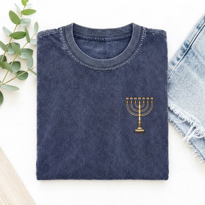 Seven Branch Menorah Symbol Emblems Left Chest Vintage T-shirt – Blue