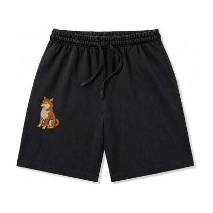 Shiba Inu Red Sesame Embroidered Sitting Pose Washed Shorts – Black