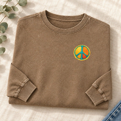 Golden Peace Left Chest Washed Long Sleeve T-Shirt – Coffee