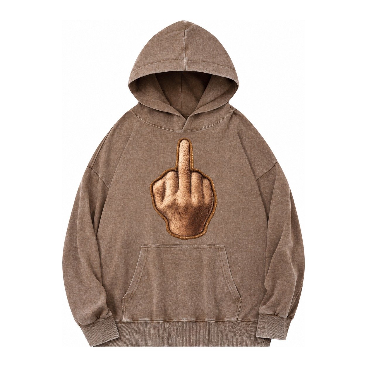 Middle Finger Hand Gesture In Skin Tone Attitude Vintage Washed Hoodie – Brown