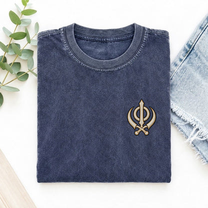 Khanda Symbol Emblems Left Chest Vintage T-shirt – Blue