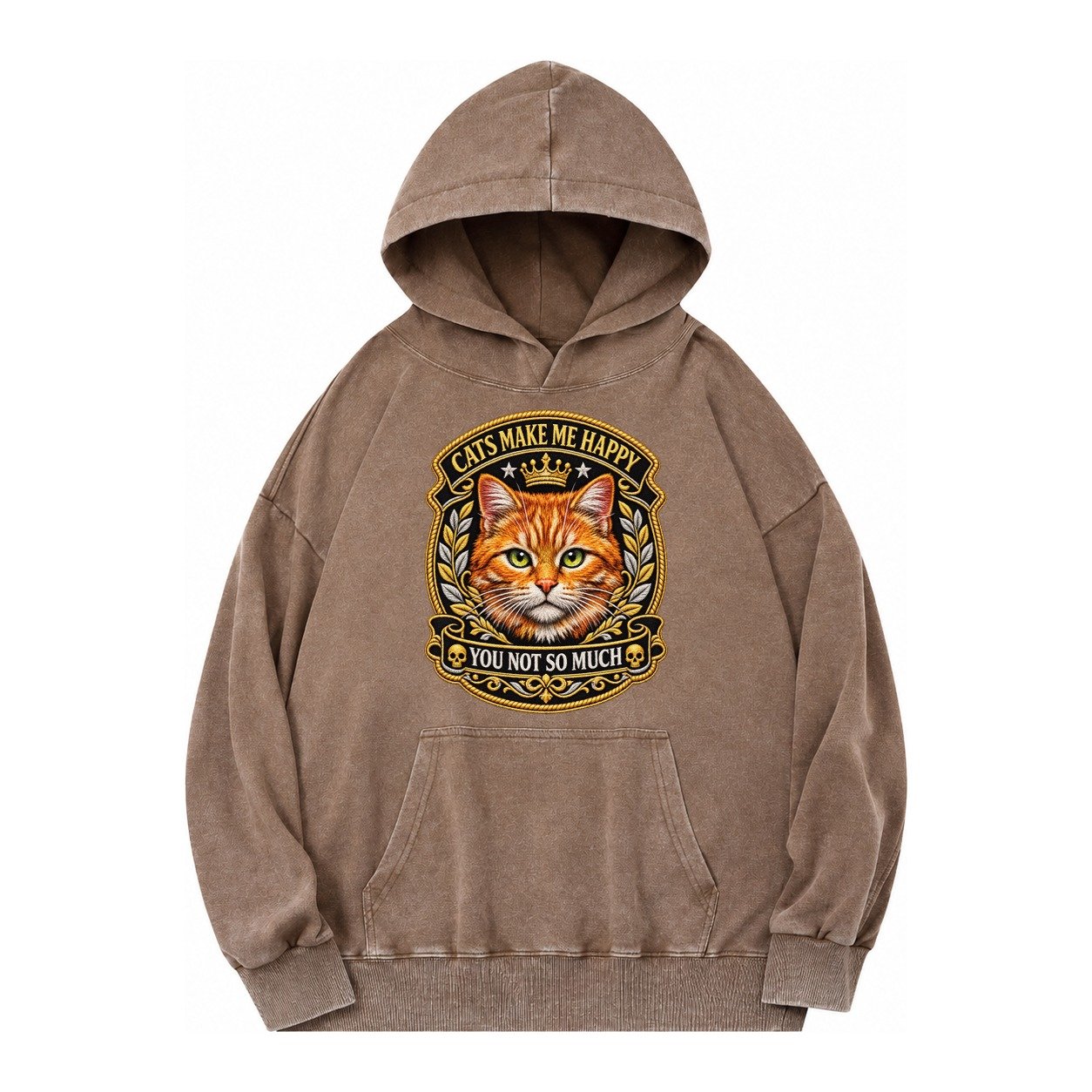 Cats Make Me Happy You Not So Much Cat Face In Orange Cat Pr Vintage Washed Hoodie – Brown