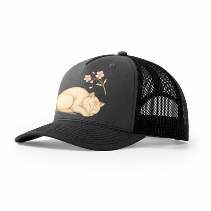 Zen Garden Cat Japanese Aesthetic Lying Peaceful Minimalist Trucker Hat – Dark Grey-Black