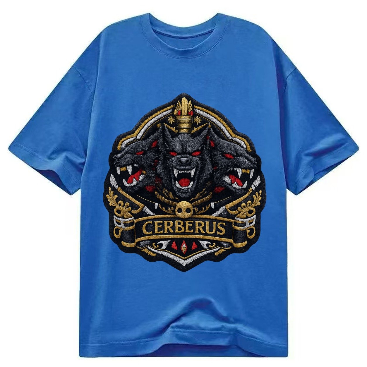 Embroidered Patch Design Cerberus Three Heads Triple Hound I Classic T-shirt – Blue