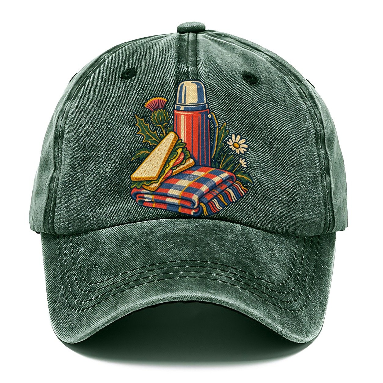 Picnic Flask Sandwich And Checked Blanket Uk Culture Heritage Classic Cap – Forest Mist