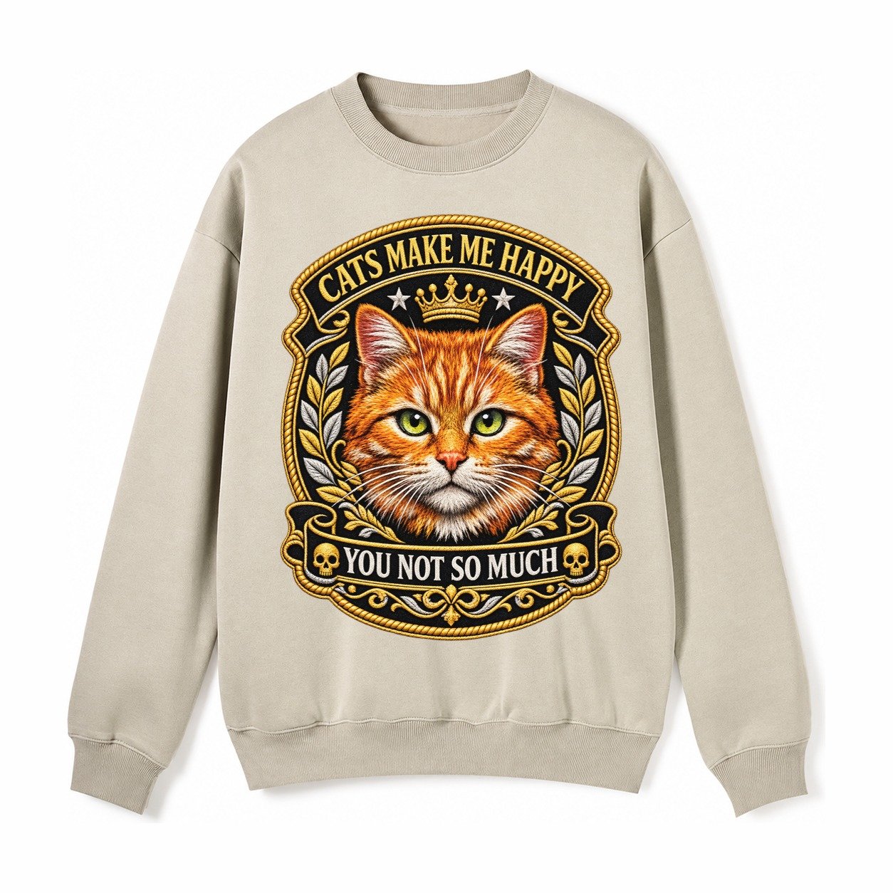Cats Make Me Happy You Not So Much Cat Face In Orange Cat Pr Fleece Sweatshirt – Light Khaki