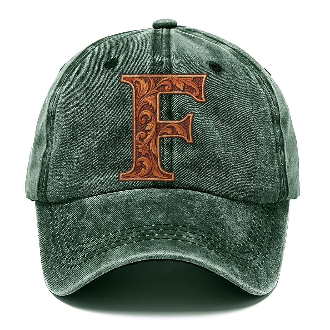 Tooled Leather F Monogram Classic Cap – Forest Mist