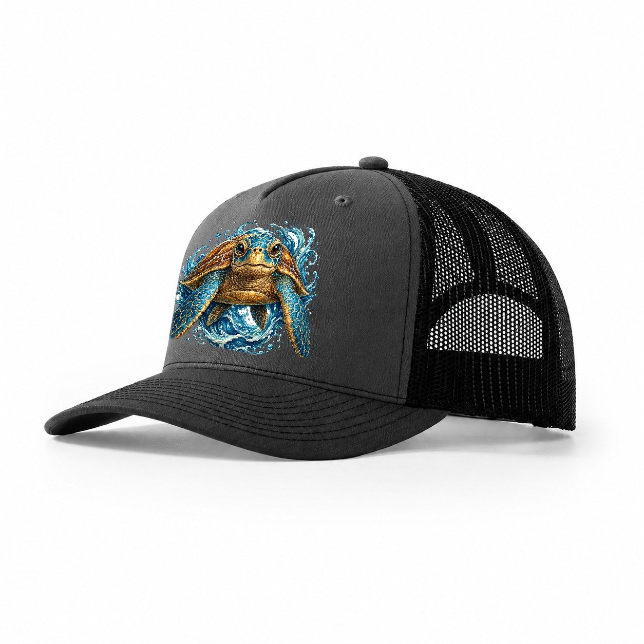 Ornate Sea Turtle Waves Trucker Hat – Dark Grey-Black