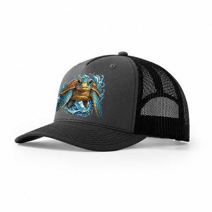 Ornate Sea Turtle Waves Trucker Hat – Dark Grey-Black
