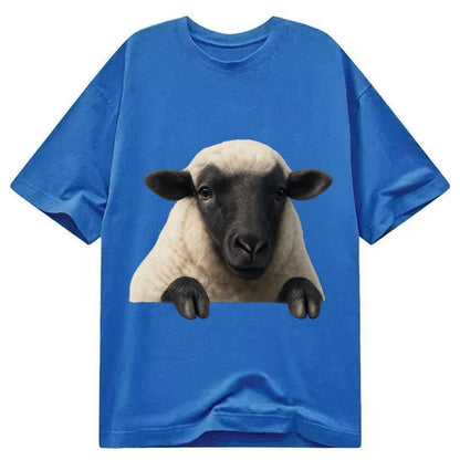 Sheep Fluffy White Wool Black Face Gentle Eyes Small Ears Pe Classic T-shirt – Blue