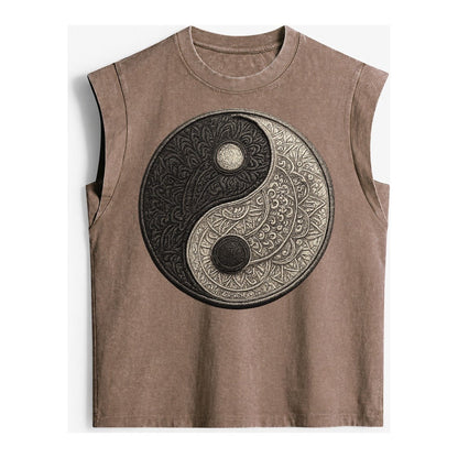 Mandala Yin Yang Pattern Vintage Washed Tank – Brown