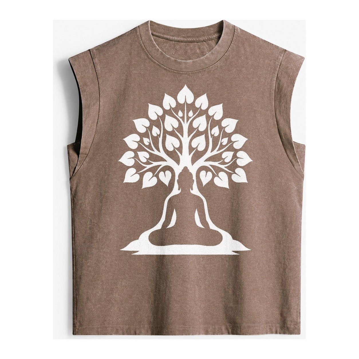 Buddha Silhouette Meditating Negative Space Forms Bodhi Tree Vintage Washed Tank – Brown