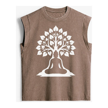 Buddha Silhouette Meditating Negative Space Forms Bodhi Tree Vintage Washed Tank – Brown