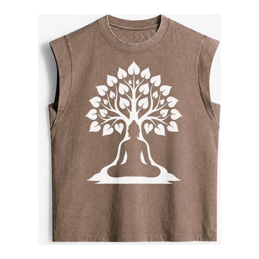 Buddha Silhouette Meditating Negative Space Forms Bodhi Tree Vintage Washed Tank – Brown