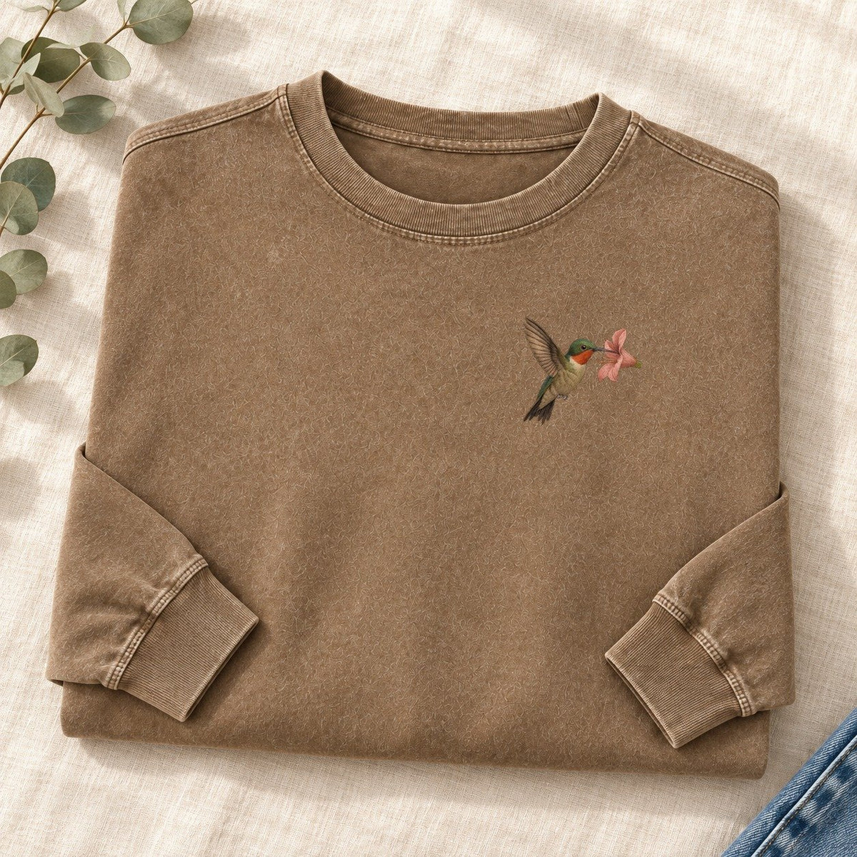 Hummingbird Haven Left Chest Washed Long Sleeve T-Shirt – Coffee