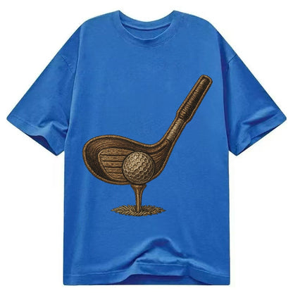 Golf Club And Ball Vintage Wood Driver With Dimpled Ball On Classic T-shirt – Blue
