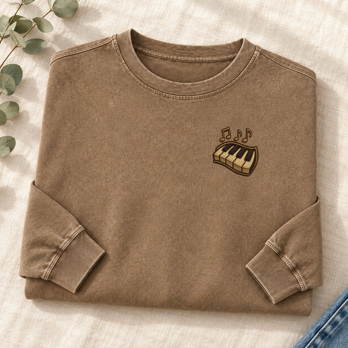 Piano Keys and Notes Left Chest Washed Long Sleeve T-Shirt – Coffee