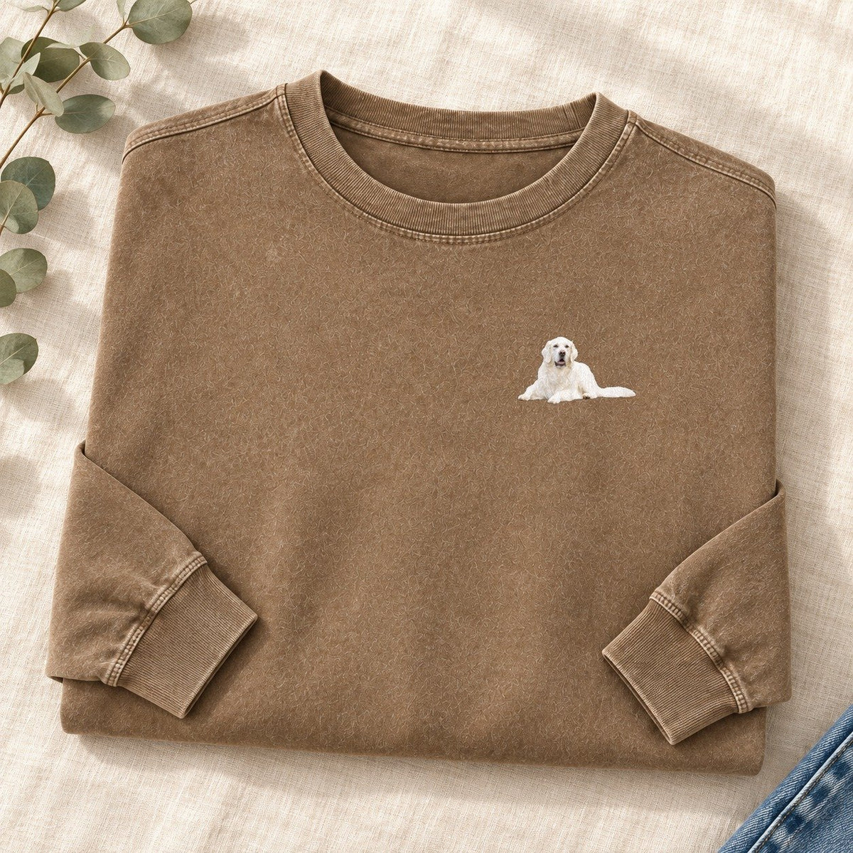 English Cream Golden Retriever Left Chest Washed Long Sleeve T-Shirt – Coffee
