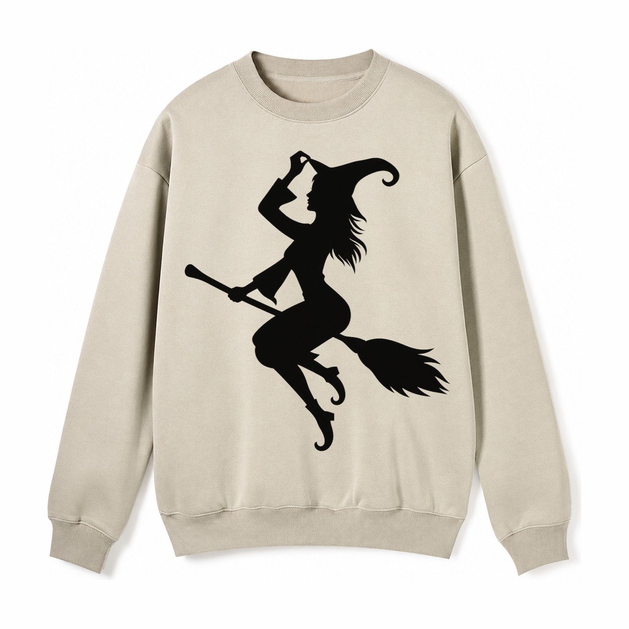202308151409 Witch On Broom 4 Fleece Sweatshirt – Light Khaki