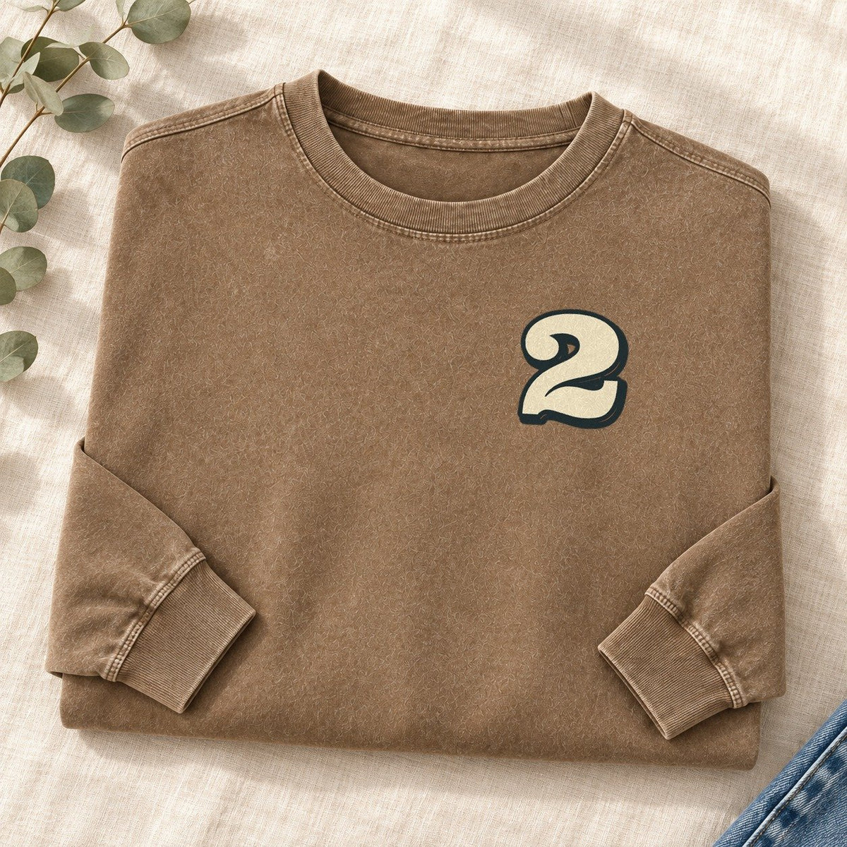 Number 2 Left Chest Washed Long Sleeve T-Shirt – Coffee
