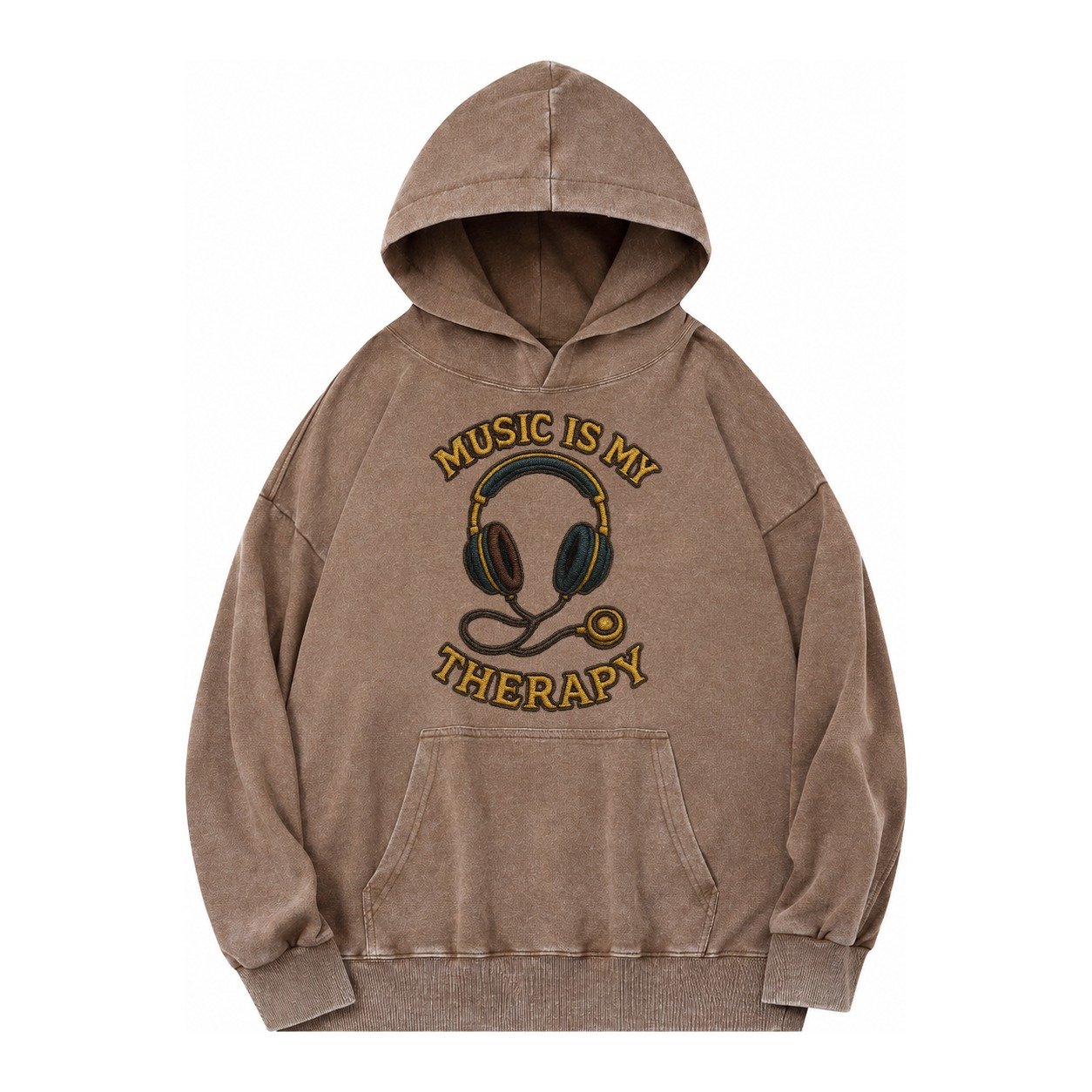 Music Is My Therapy Vintage Washed Hoodie – Brown