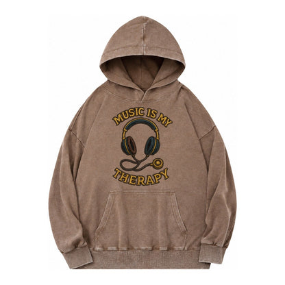 Music Is My Therapy Vintage Washed Hoodie – Brown