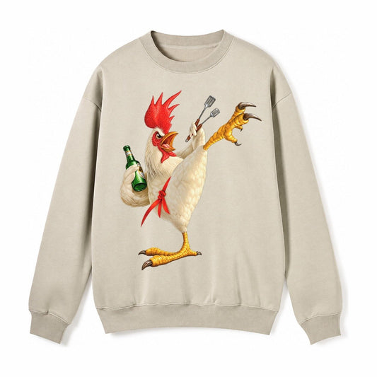 Rooster Printed Unisex Baseball Cap Solid Color Washed Distr Fleece Sweatshirt – Light Khaki
