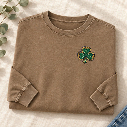 Celtic Shamrock Left Chest Washed Long Sleeve T-Shirt – Coffee