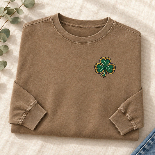 Celtic Shamrock Left Chest Washed Long Sleeve T-Shirt – Coffee