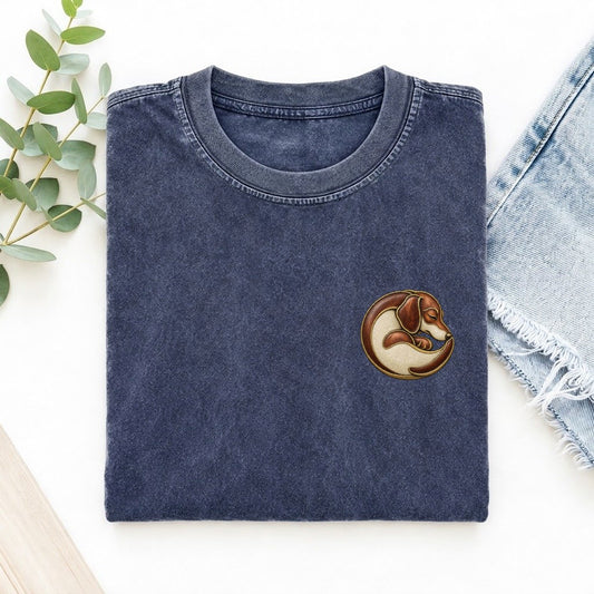 Dachshund Spiral Rest Keepsake Emblem Left Chest Vintage T-shirt – Blue