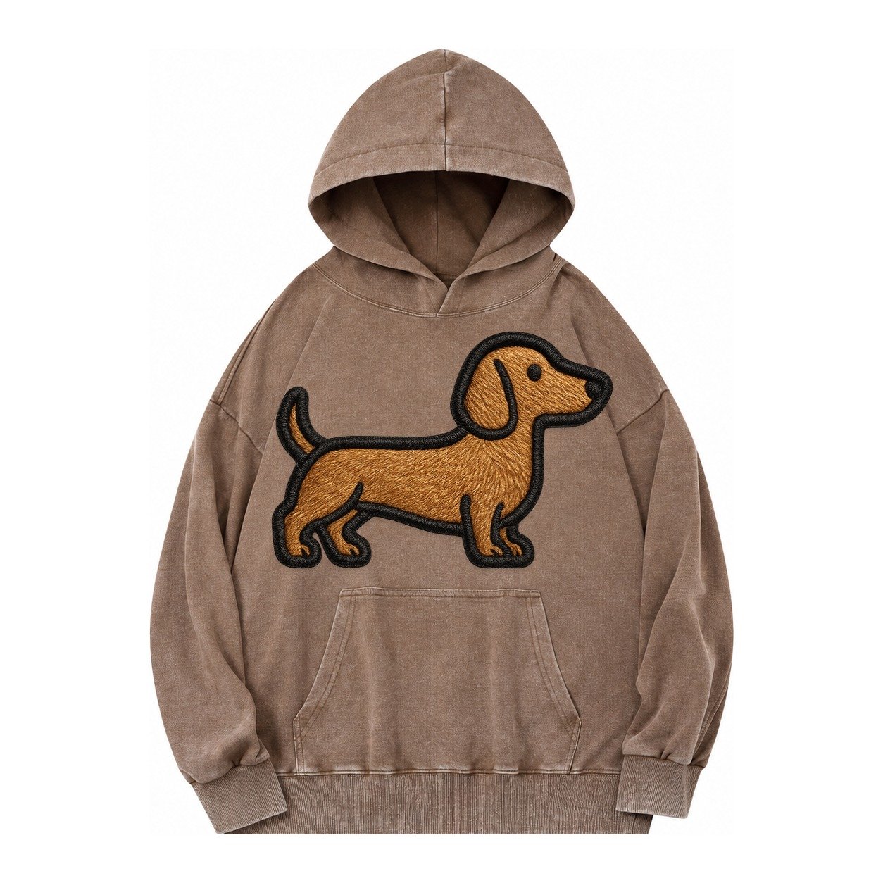 Dachshund Modern Elongated Silhouette Vintage Washed Hoodie – Brown