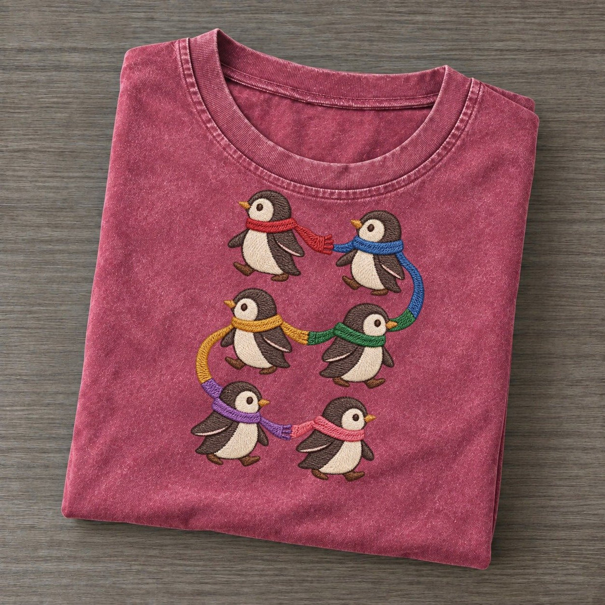 Penguins With Scarves Single File Vintage T-shirt – Raspberry