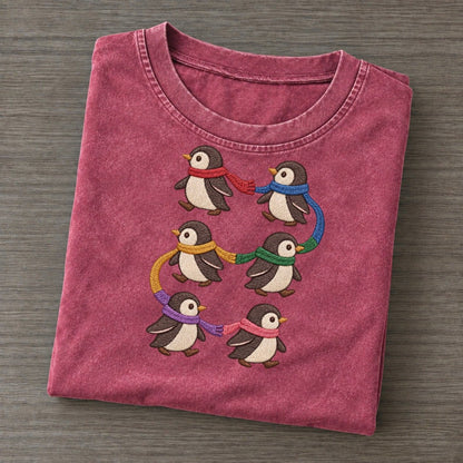 Penguins With Scarves Single File Vintage T-shirt – Raspberry