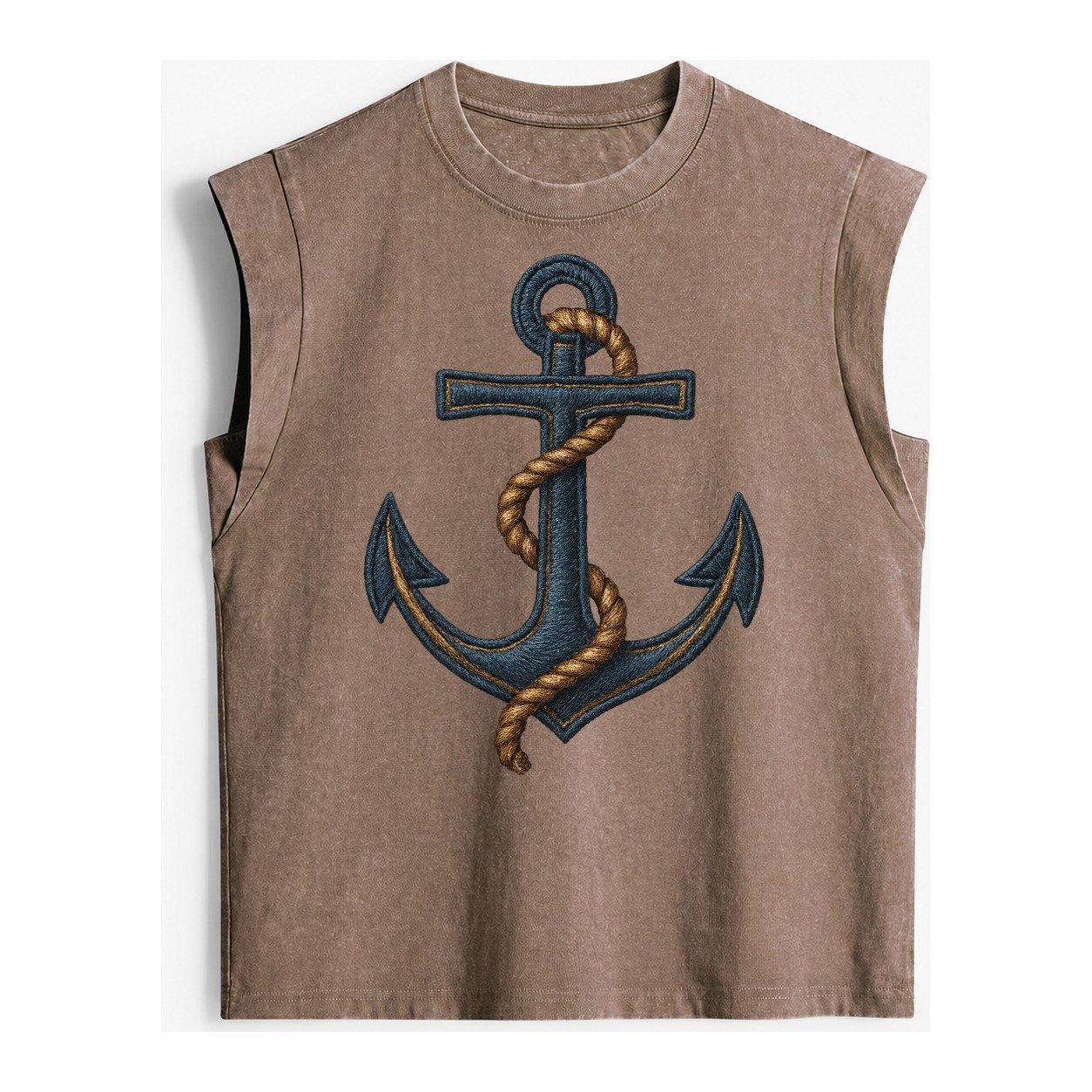 Anchor And Rope Nautical Illustration Vintage Washed Tank – Brown