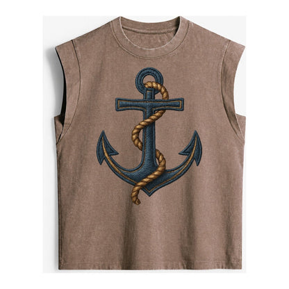 Anchor And Rope Nautical Illustration Vintage Washed Tank – Brown