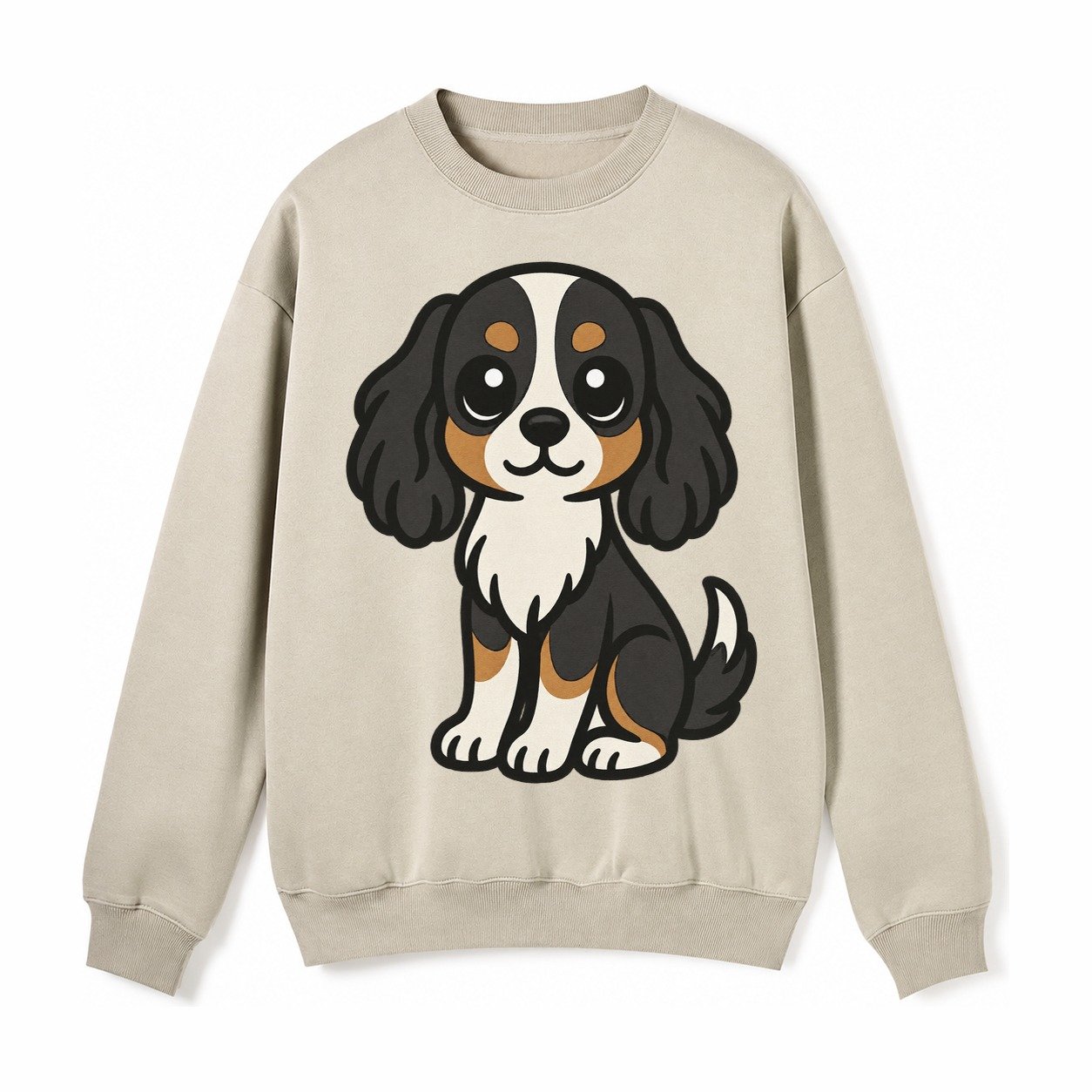 Cavalier King Charles Spaniel Tricolor Sitting Pose Portrait Fleece Sweatshirt – Light Khaki