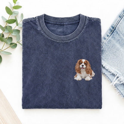 Cavalier Spaniel Lying Down Left Chest Vintage T-shirt – Blue