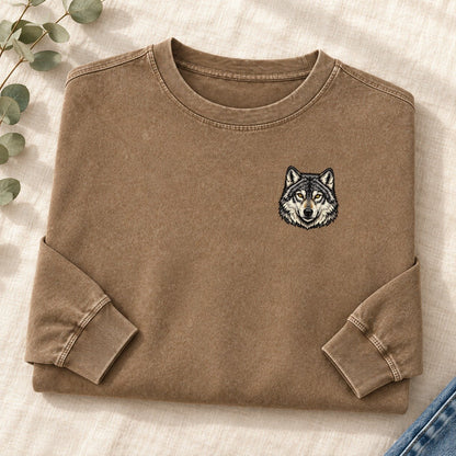 Golden Eyed Wolf Left Chest Washed Long Sleeve T-Shirt – Coffee