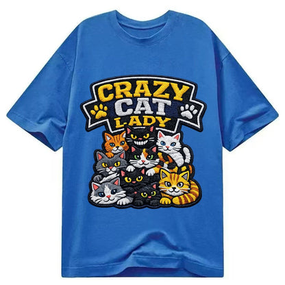 Embroidered Patch Design Crazy Cat Lady Cat Pile In Multicol Classic T-shirt – Blue