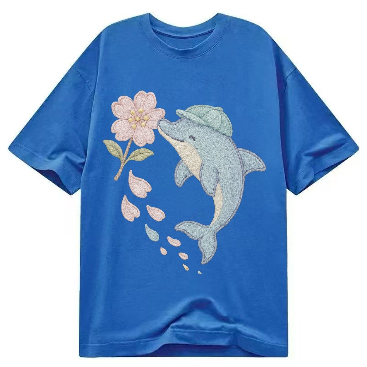 Dolphin Sakura Leap Leaping Through Blossoms Pale Aqua Cap C Classic T-shirt – Blue