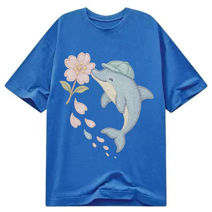 Dolphin Sakura Leap Leaping Through Blossoms Pale Aqua Cap C Classic T-shirt – Blue