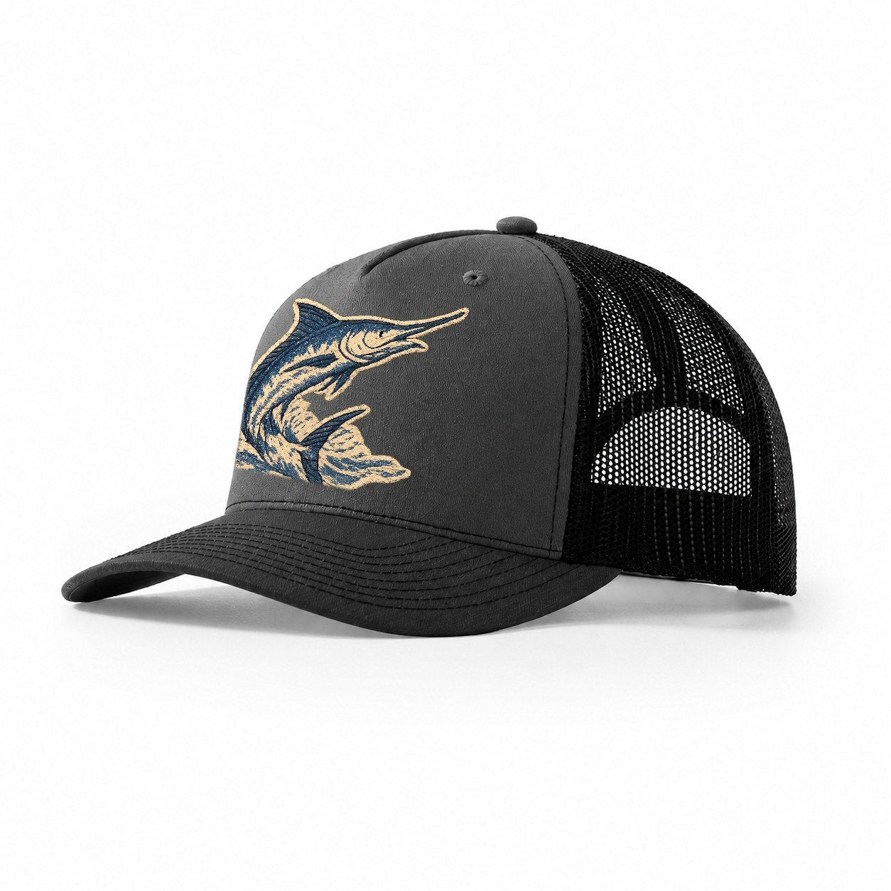 Embroidered Patch Design Swordfish Marlin Leaping Marlin In Trucker Hat – Dark Grey-Black