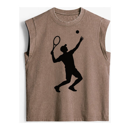 Tennis Player Serving Powerful Shot Vintage Washed Tank – Brown