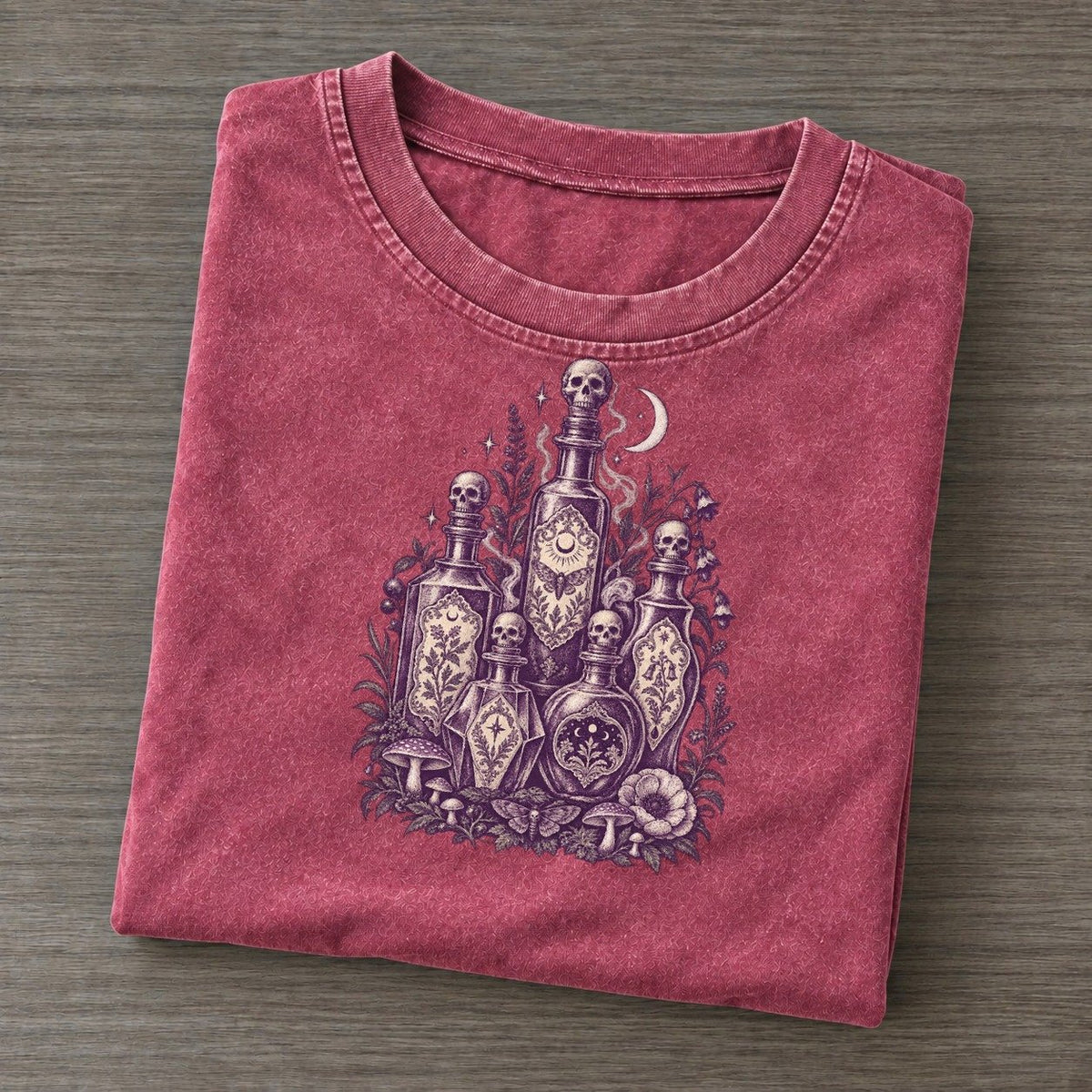 Poison Bottle Row Midnight Haunt Vintage T-shirt – Raspberry