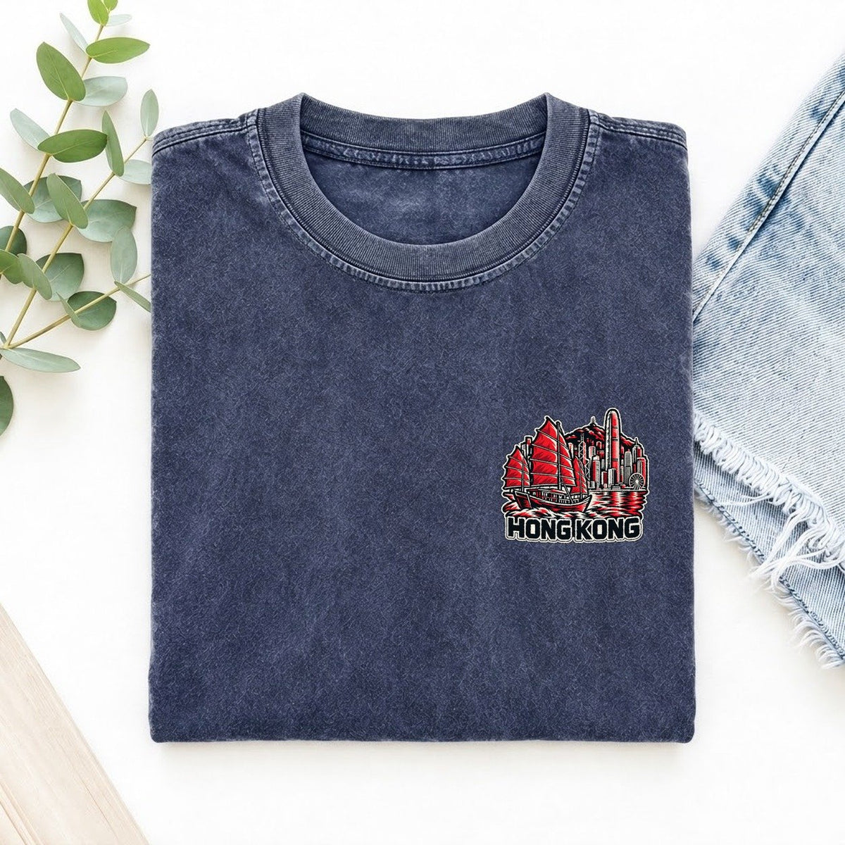 Hong Kong Country Pride Left Chest Vintage T-shirt – Blue