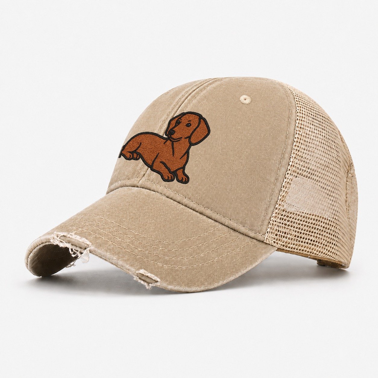 Dachshund Red Smooth Relaxed Lying Down With Head Up Embroid Washed Trucker Hat – Khaki