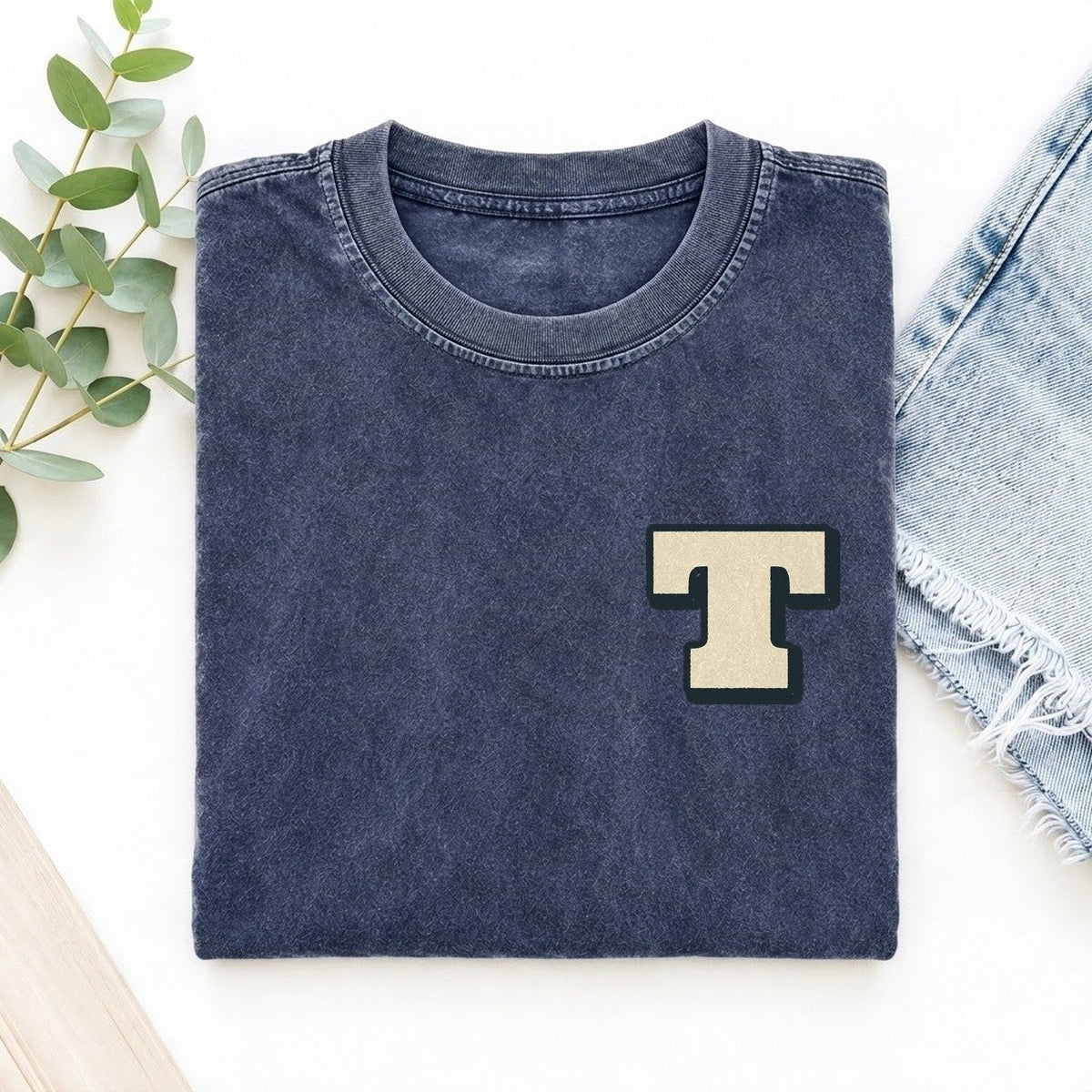 Initial T Left Chest Vintage T-shirt – Blue
