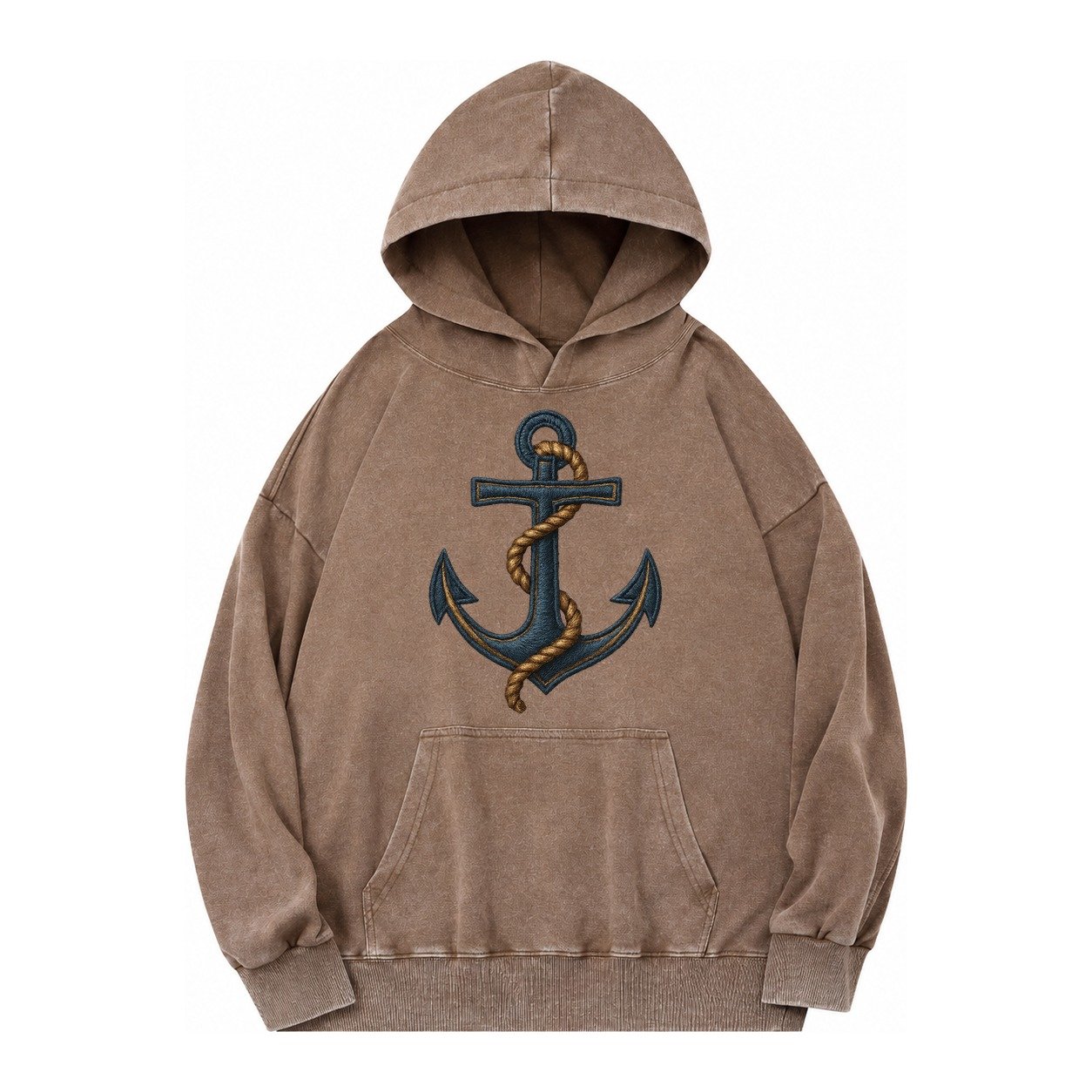 Anchor And Rope Nautical Illustration Vintage Washed Hoodie – Brown