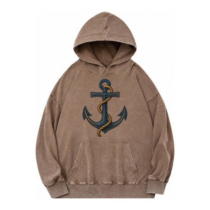 Anchor And Rope Nautical Illustration Vintage Washed Hoodie – Brown